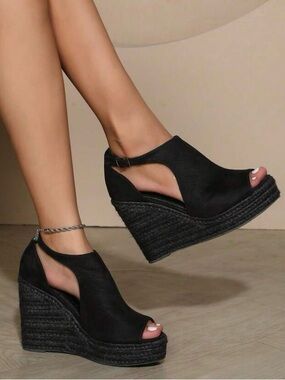 Classic Black Wedge Peep-Toe Sandals